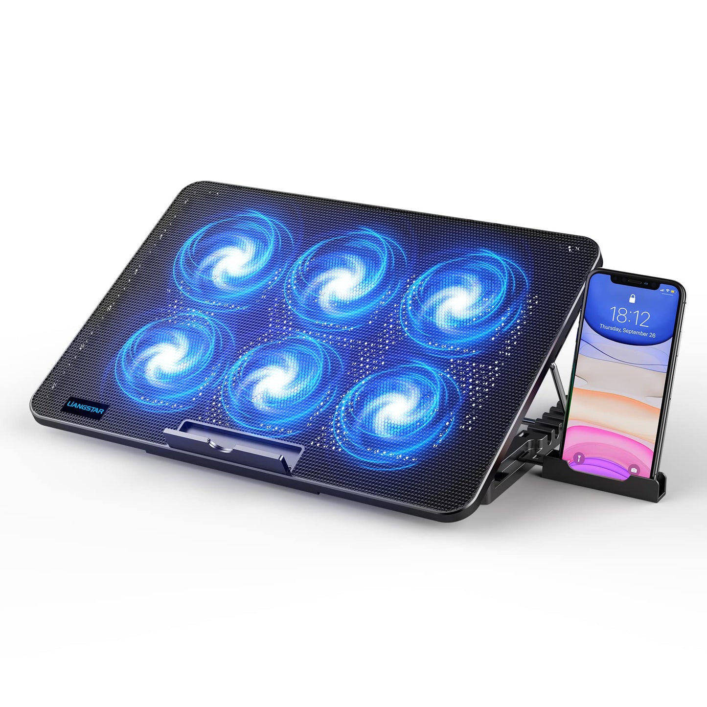 Laptop Cooling Pad, Laptop Cooler with 6 Quiet Fans for 12-17 Inch Notebook Gaming Fan Stable Stand, 7 Height & Wind Speed Adjustable, 2 USB Port & Phone Holder (Black)