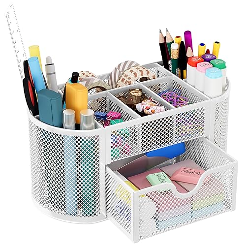 Mesh Pen Holder with Drawer and Compartments