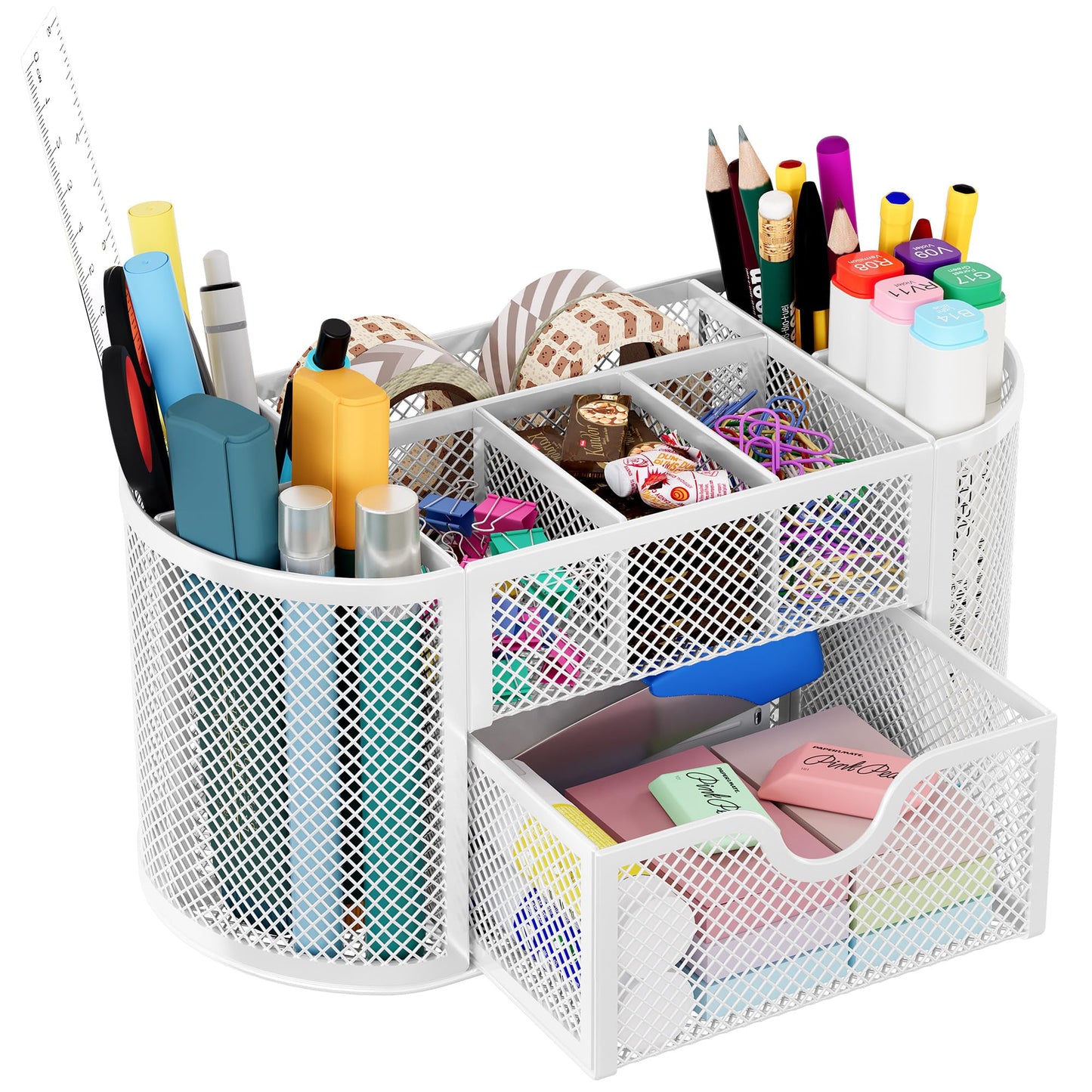 Mesh Pen Holder with Drawer and Compartments