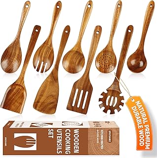 Wooden Cooking Spoons Set of 9 for Nonstick Pans