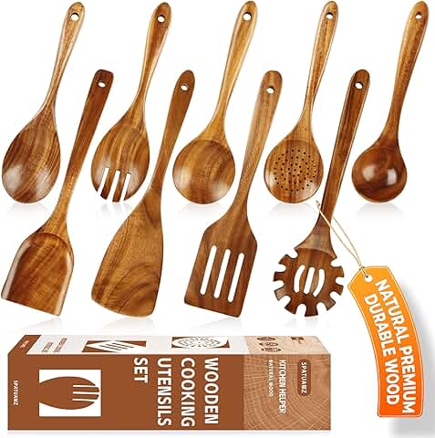 Wooden Cooking Spoons Set of 9 for Nonstick Pans
