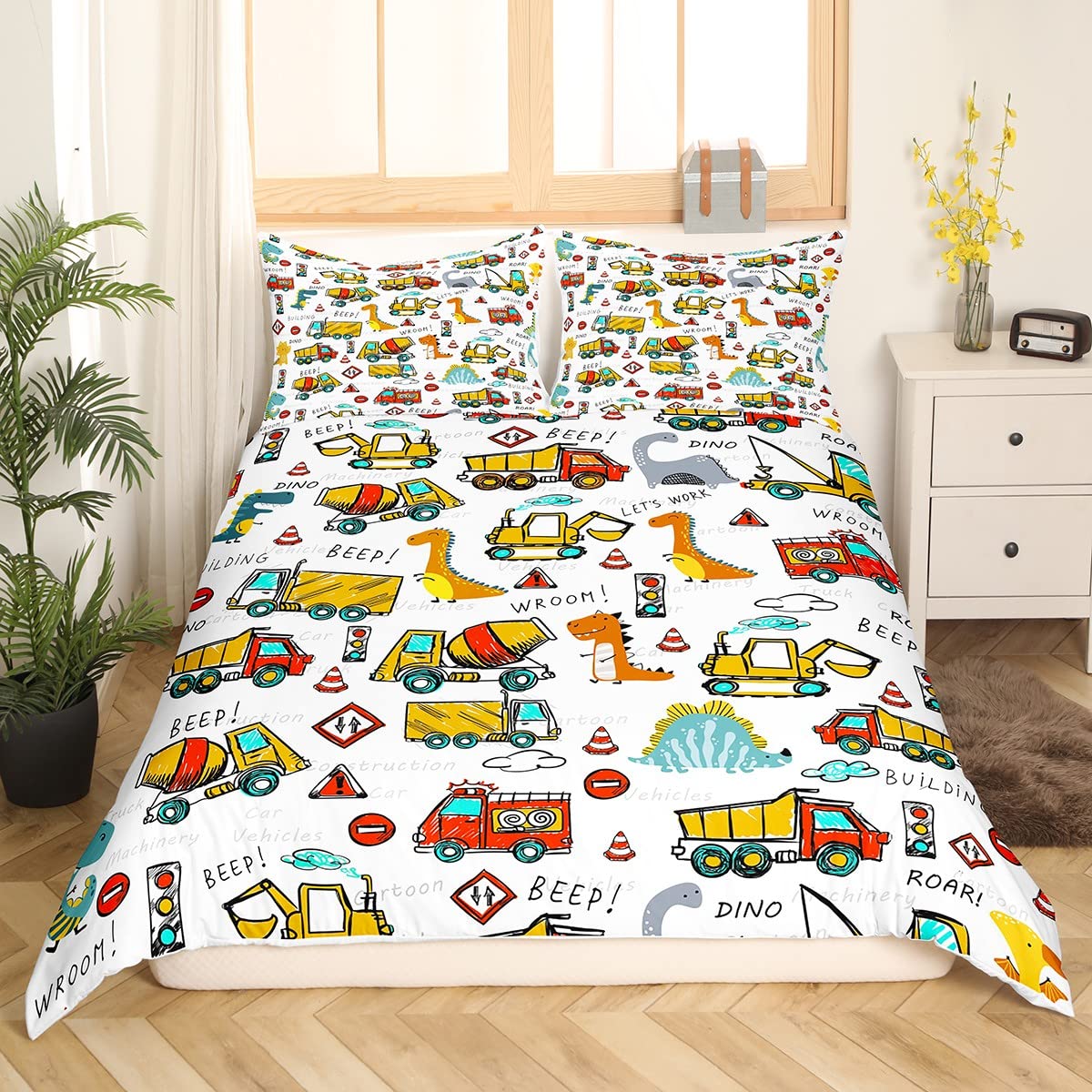 Dinosaur Bedding Duvet Cover Kids Cute Dino Construction Bedding Set Boys Girls Equipment Trucks Excavator Decor Comforter Cover Set Dinosaurs Machinery Cars Bedspread Cover White Bedroom Queen Size