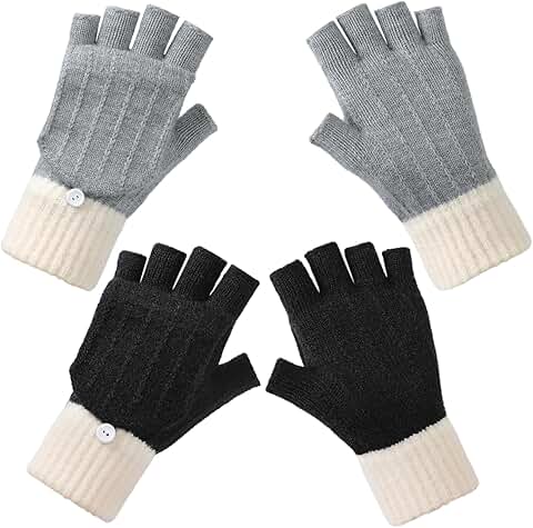 Winter Fingerless Wool Gloves with Flap Cover