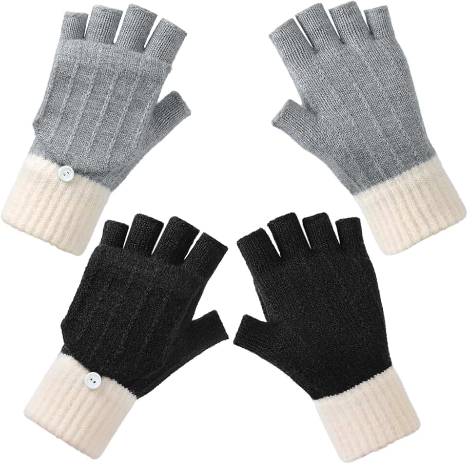 Winter Fingerless Wool Gloves with Flap Cover