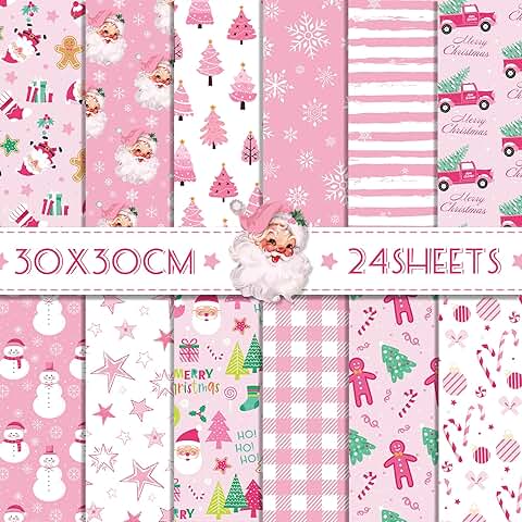 Pink Christmas Craft Paper, 24 Sheets, 12 Designs