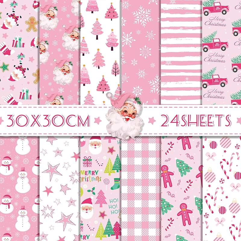 Pink Christmas Craft Paper, 24 Sheets, 12 Designs