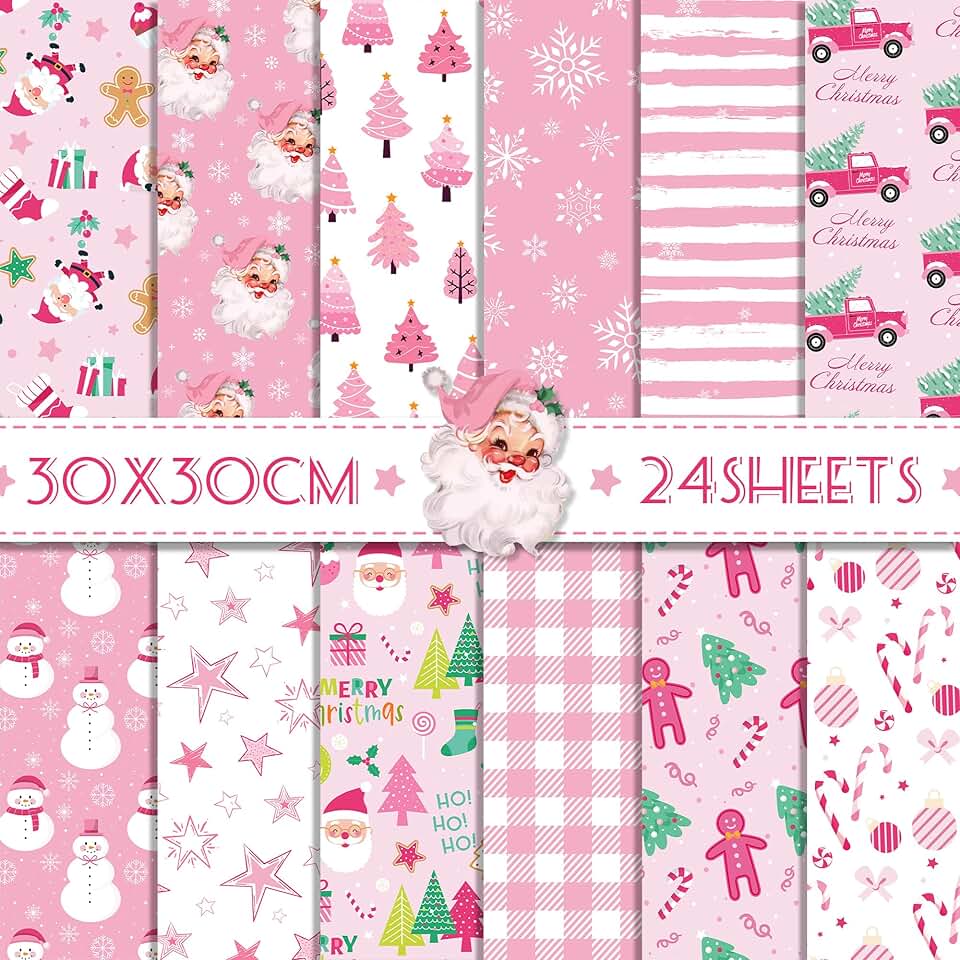 Pink Christmas Craft Paper, 24 Sheets, 12 Designs