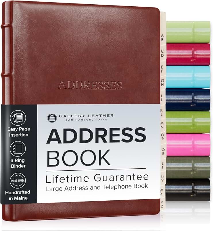 Large Leather Address Book with Tabs, 9x7, Tan