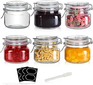 Six 16oz Clear Square Glass Food Storage Jars with Airtight Lids