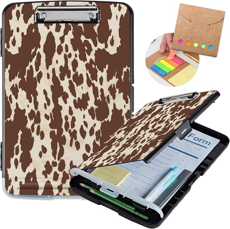 Heavy Duty Plastic Clipboard with Storage and Cow Print