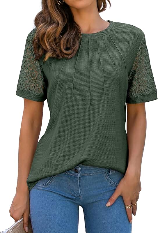 Women's Short Sleeve Waffle Knit Blouses for Summer