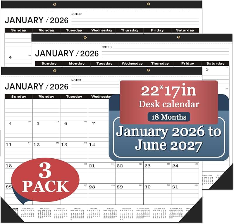 Large 2026-2027 Desk Calendar, Black, 22x17