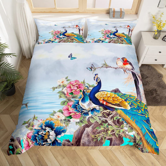 Peacock Duvet Cover Sets Queen Size,Watercolor Bedding Set for Kids Teen Adult Girls Boys Bedroom Decorative,Birds Animal and Flower Floral Print Art Painting Comforter Cover and 2 Pillowcases