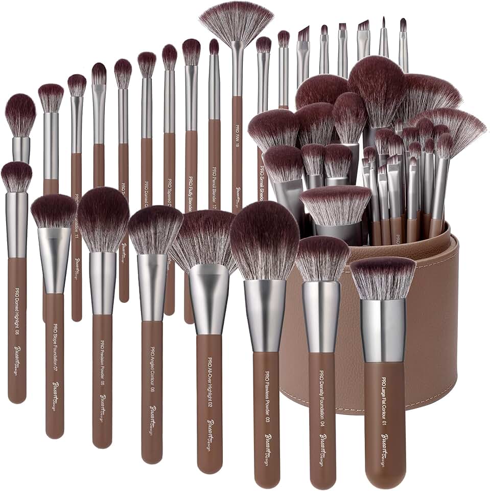 26-piece chocolate-colored makeup brush set with large holder
