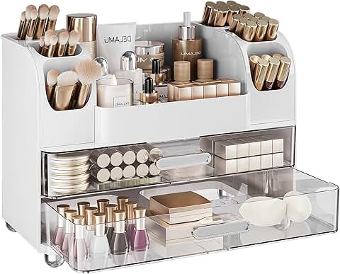 Countertop Makeup Organizer with 6 Brush Holders and 2 Drawers