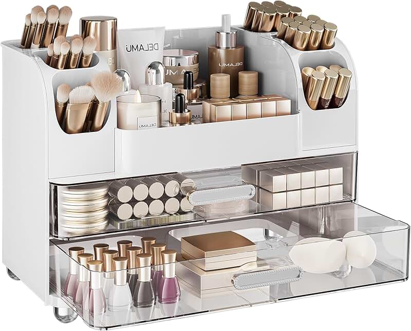 Countertop Makeup Organizer with 6 Brush Holders and 2 Drawers