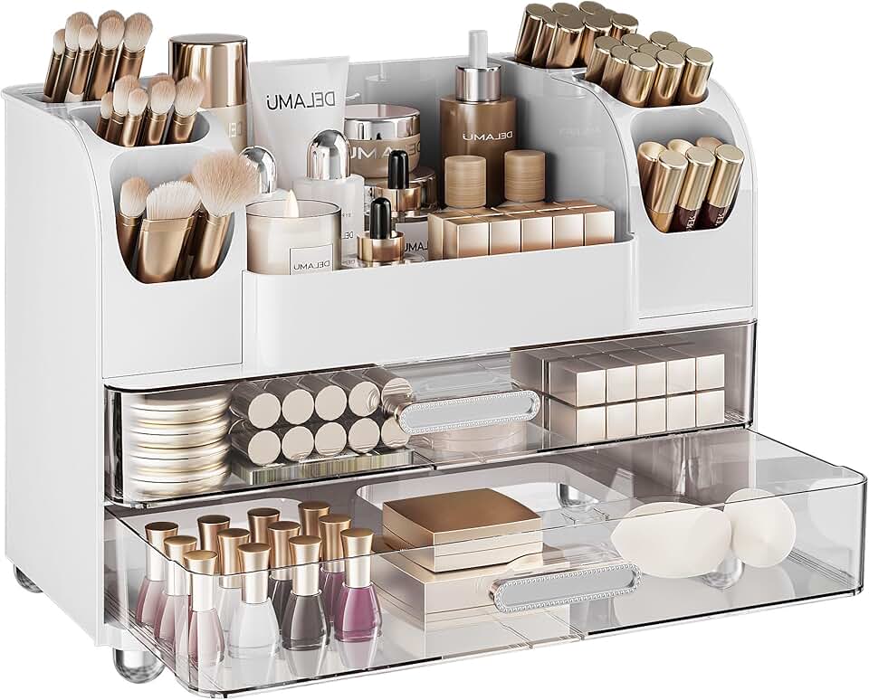 Countertop Makeup Organizer with 6 Brush Holders and 2 Drawers