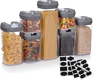 Seven airtight food storage containers with labels and marker