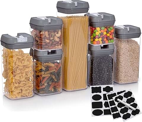 Seven airtight food storage containers with labels and marker