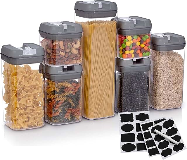 Seven airtight food storage containers with labels and marker