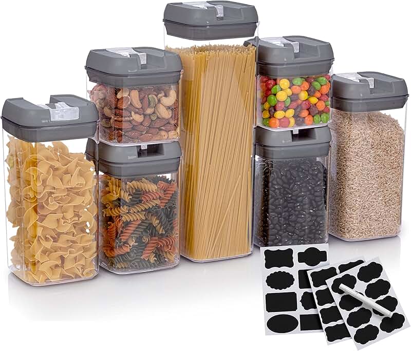 Seven airtight food storage containers with labels and marker