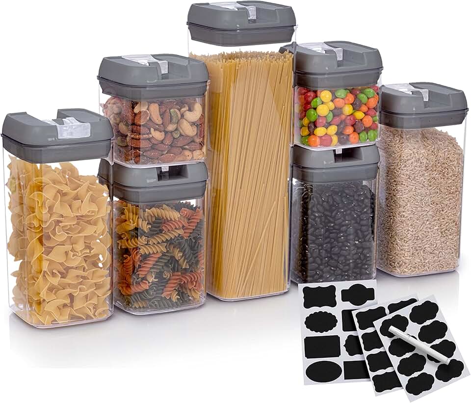 Seven airtight food storage containers with labels and marker