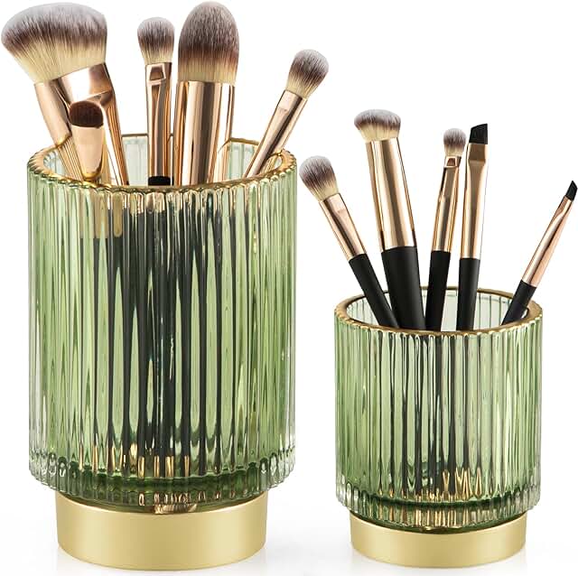 Set of two glass makeup brush holders for vanity and bathroom