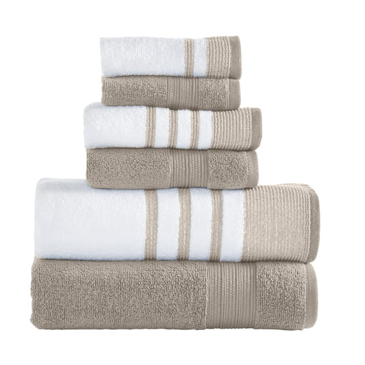 6 Piece Set, 2 Bath Towels, 2 Hand Towels, 2 Washcloths, Quick Dry White/Contrast Reinhart Tan