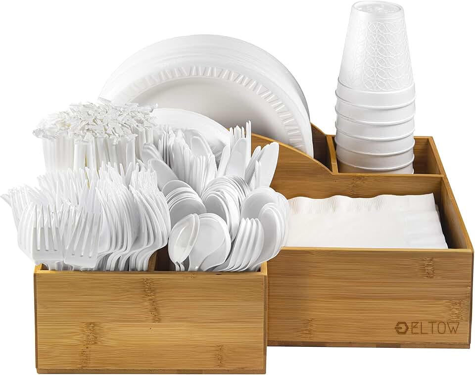 Bamboo Silverware and Plate Organizer for Countertop
