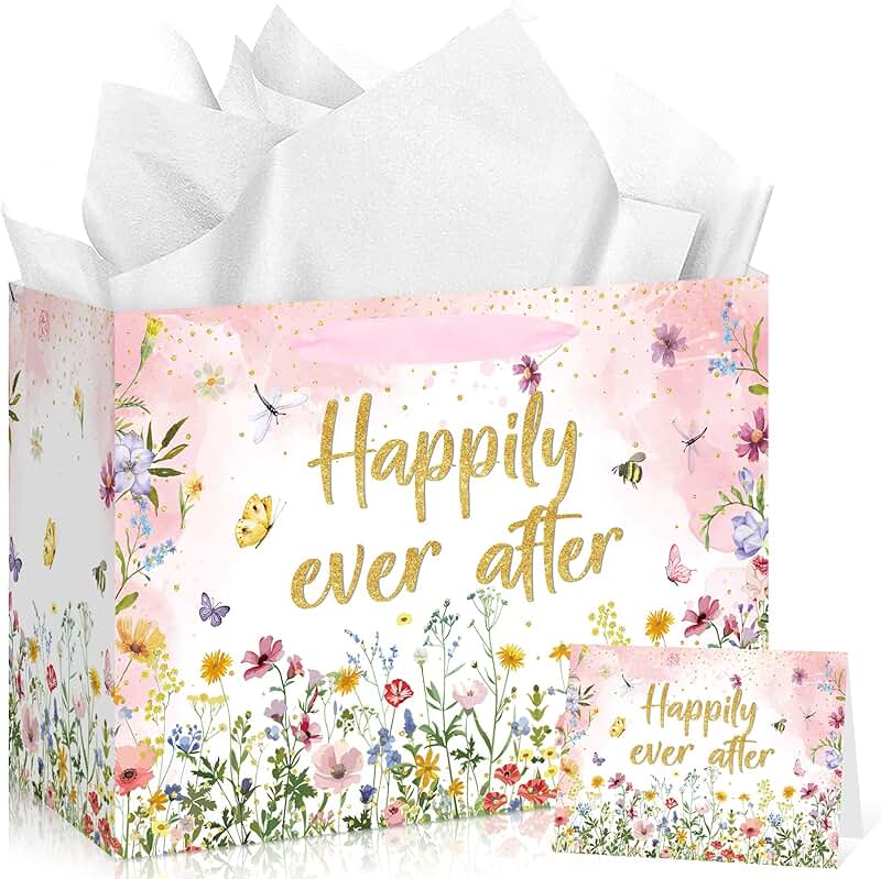 Floral Wedding Gift Bag with Tissue and Card