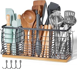 Large Metal Kitchen Utensil Holder with Wooden Base and Hooks
