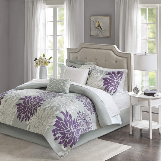 Essentials Maible Cozy Bed in A Bag Comforter with Complete Cotton Sheet Set-Floral Medallion Damask Design All Season Cover, Decorative Pillow, King 104 in x 92 in), Purple/Gray