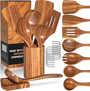 Natural Teak Kitchen Utensil Set with Holder, 10 Pieces