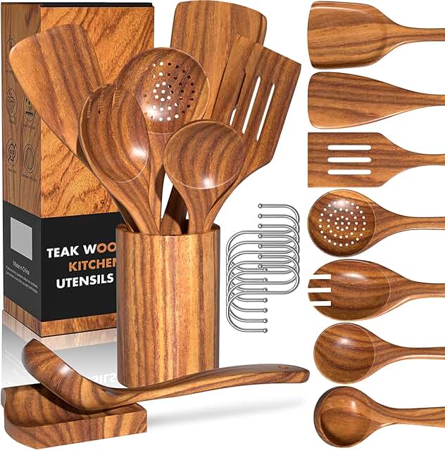 Natural Teak Kitchen Utensil Set with Holder, 10 Pieces