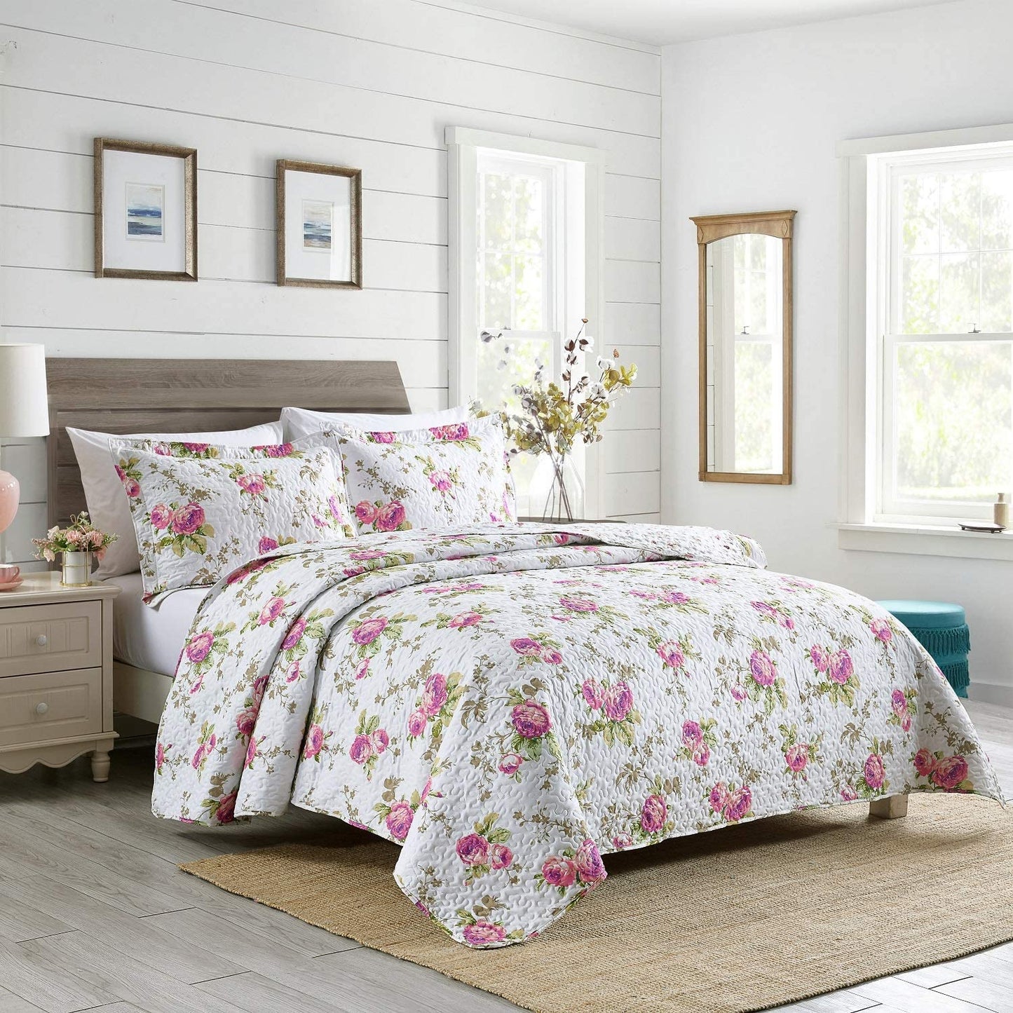 3-Piece Full Queen Quilt Set, Lightweight Soft Full Size Quilt Bedspread Coverlet 90x90 inches) Bedding Set with 2 Pillow Shams 20x26 inches), Rose Floral Print