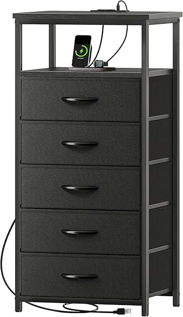 5-Drawer Dresser with Charging Station and Open Shelf