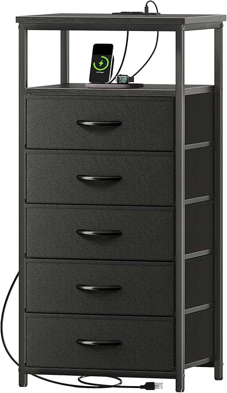 5-Drawer Dresser with Charging Station and Open Shelf