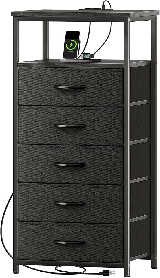 5-Drawer Dresser with Charging Station and Open Shelf