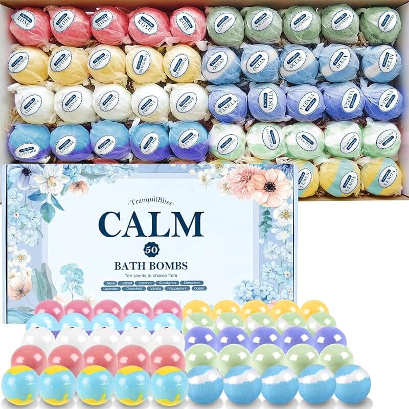 50 Bath Bombs Set with 10 Scents for Relaxing and Gifting