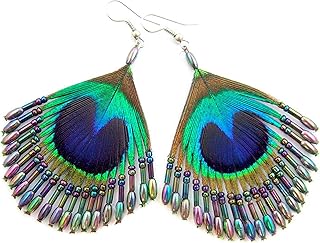 Iridescent Peacock Feather Earrings with Rainbow Beads