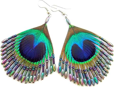 Iridescent Peacock Feather Earrings with Rainbow Beads