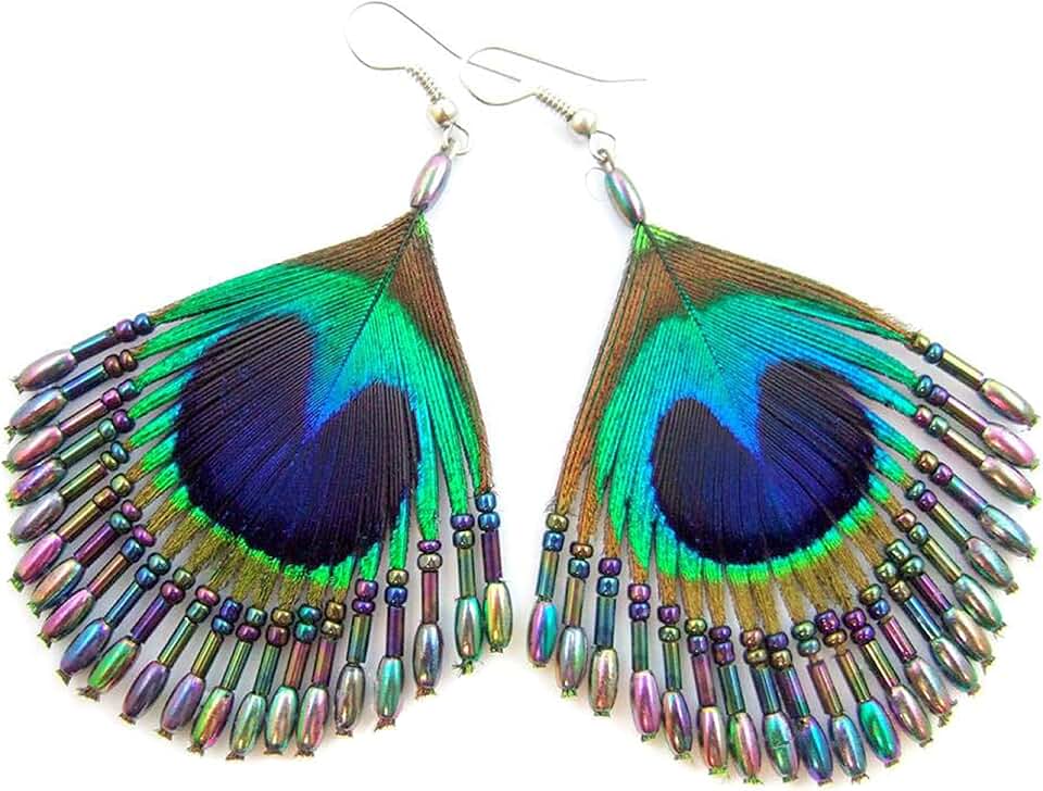 Iridescent Peacock Feather Earrings with Rainbow Beads