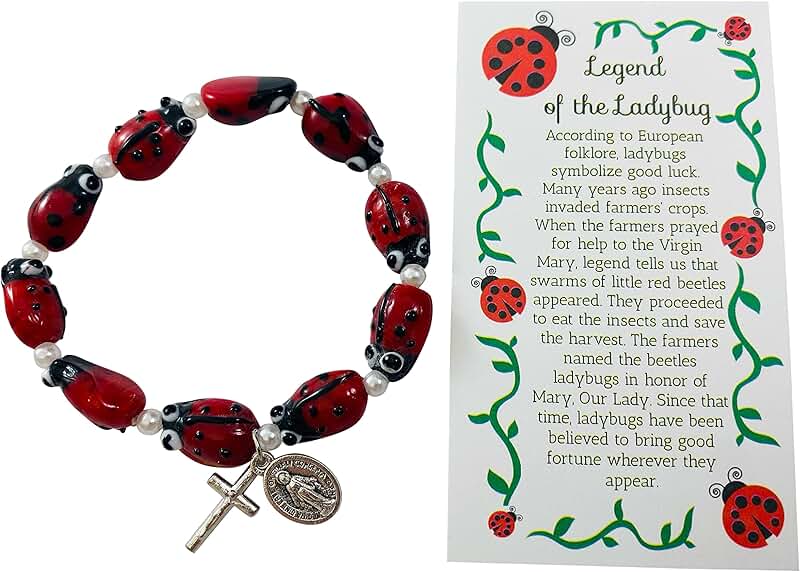 Ladybug Rosary Bracelet with Holy Card