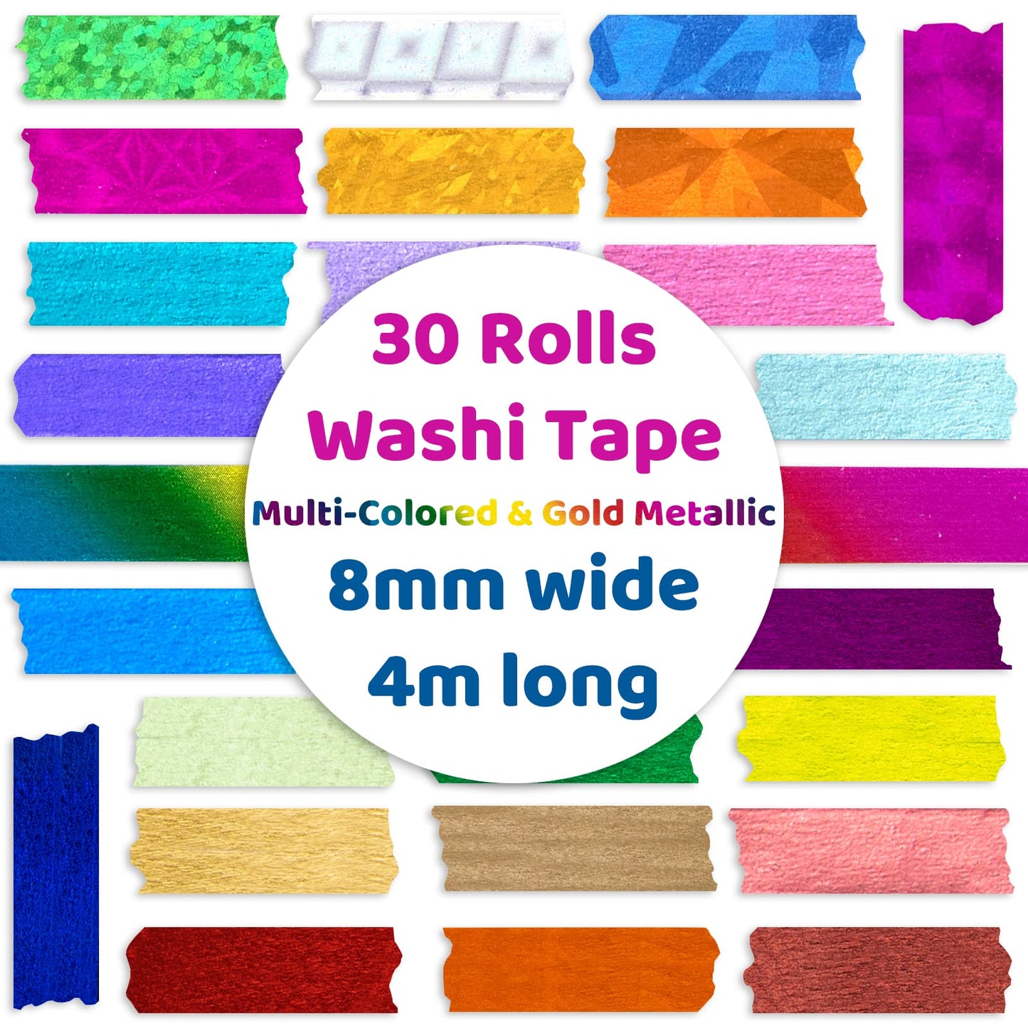 30 Rolls of Multi-Colored and Gold Metallic Washi Tape