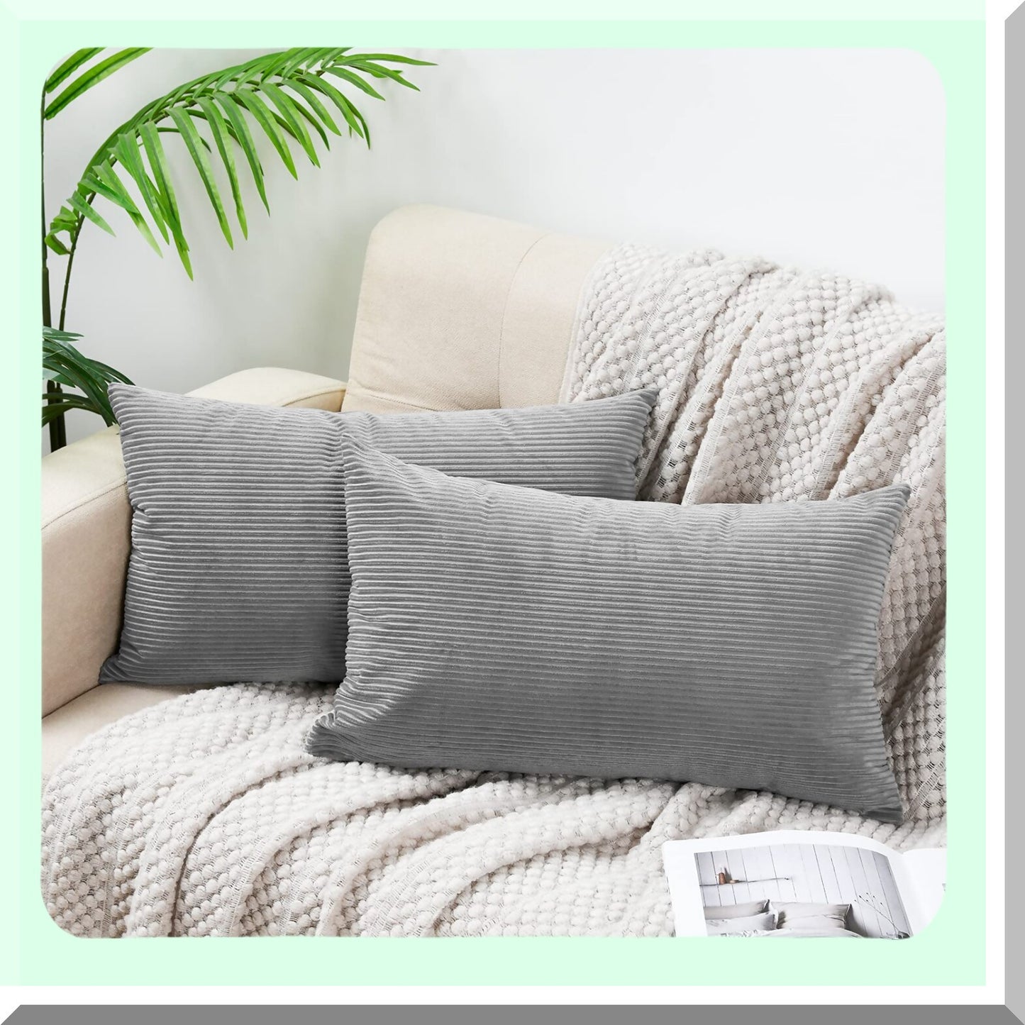 CozyCord Lumbar Pillow Covers - Set of 2 Decorative Throw Pillow Covers for Couch Sofa - Soft Rectangle Cushion Covers for Living Room - Grey 12x20"