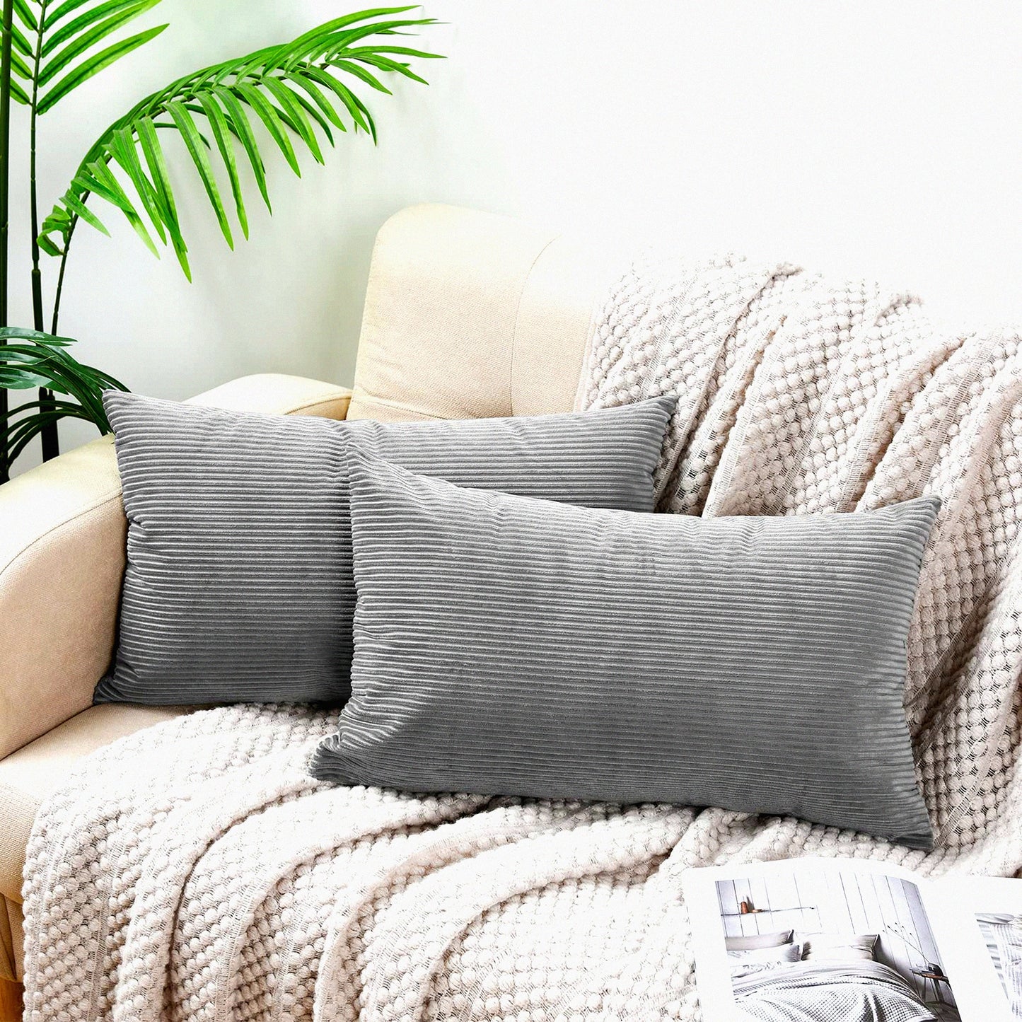 CozyCord Lumbar Pillow Covers - Set of 2 Decorative Throw Pillow Covers for Couch Sofa - Soft Rectangle Cushion Covers for Living Room - Grey 12x20"