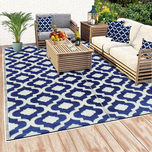 Recycled Outdoor Plastic Patio Rugs Clearance Waterproof RV Camper Rug Large Reversible mats 6'x9' Blue  White 20317