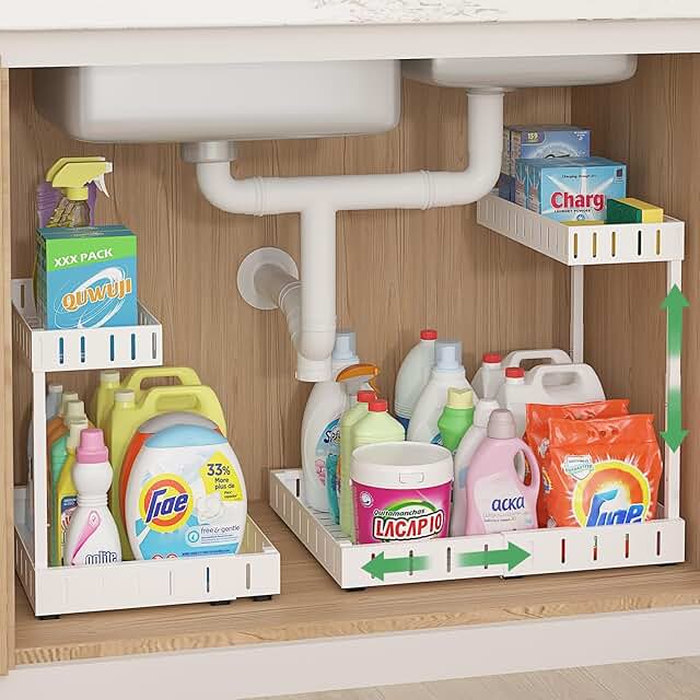 Expandable two-tier under sink organizer, white, 2-pack