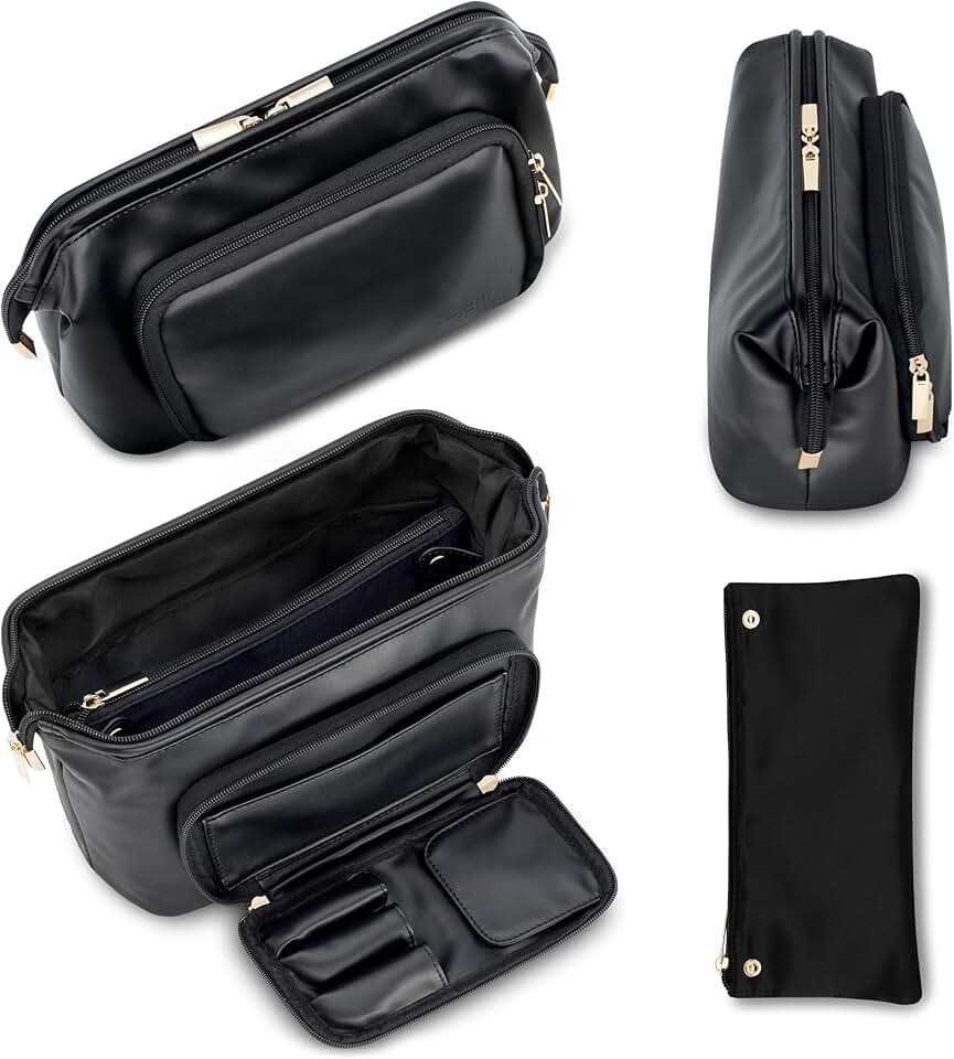 Large PU Leather Travel Makeup Bag with Brush Compartment
