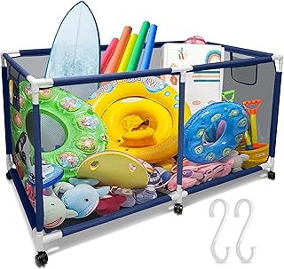 Large Blue Pool Storage Bin with Wheels and Hooks